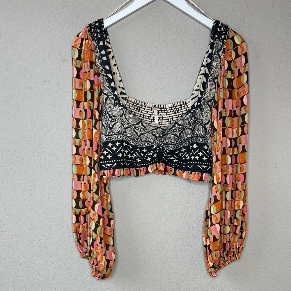 Free People Naomi Printed Smocked‎ Puff Sleeve Boho Endless Summer Cropped Top M